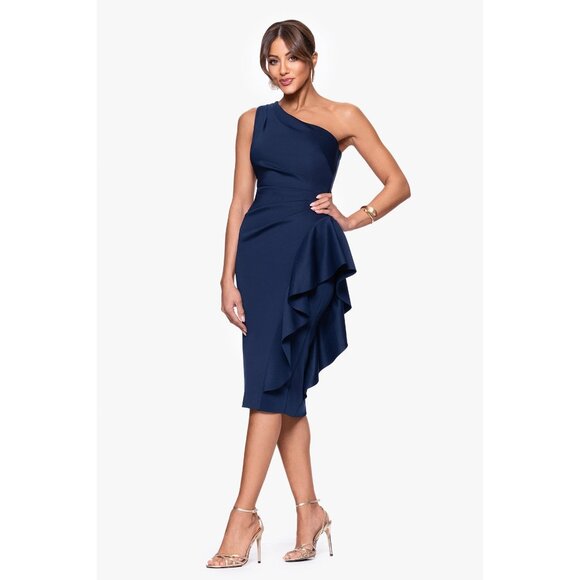 Xscape Carrie Techno Scuba One Shoulder Knee Length Ruffle Dress Blue 6 - Picture 2 of 11